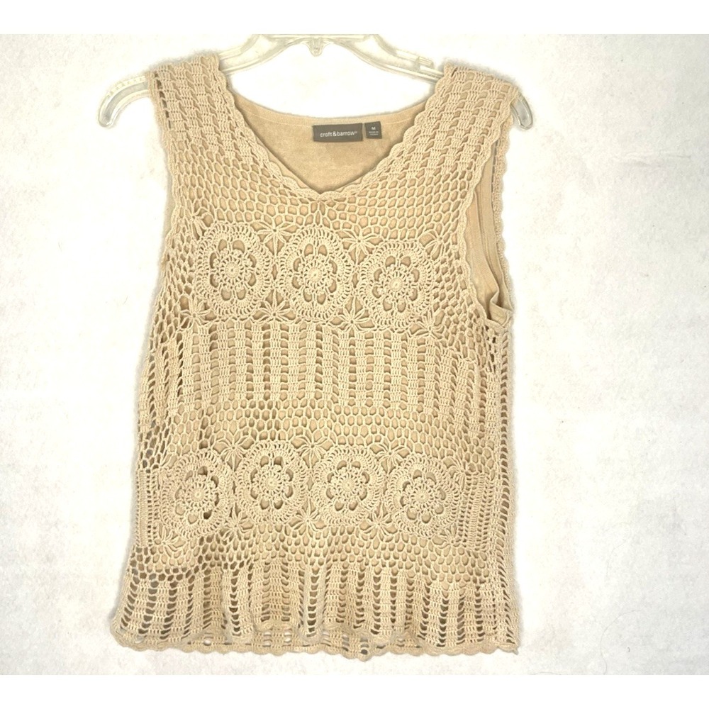 Vintage inspired Crochet Lined Floral Beige‎ V Neck Tank Top Womens Medium Boho